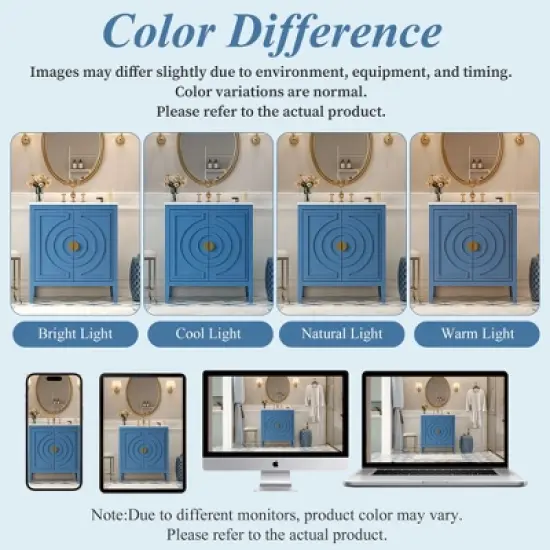 ModernLuxe 30'' Blue Bathroom Vanity with Sink, 2 Soft Close Doors, Hidden Drawer & Adjustable Shelf, Freestanding Storage Cabinet image {6}