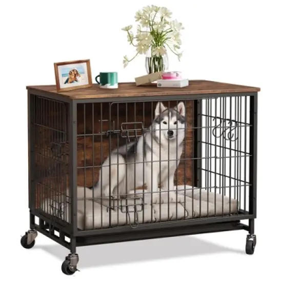 2 in1 Furniture Style Dog Crate, MDF Metal Dog Crate, Indoor Pet Kennel Cage with Shelves & Moveable Tray & Wheels, Puppy House for Home, Farmhouse image {8}