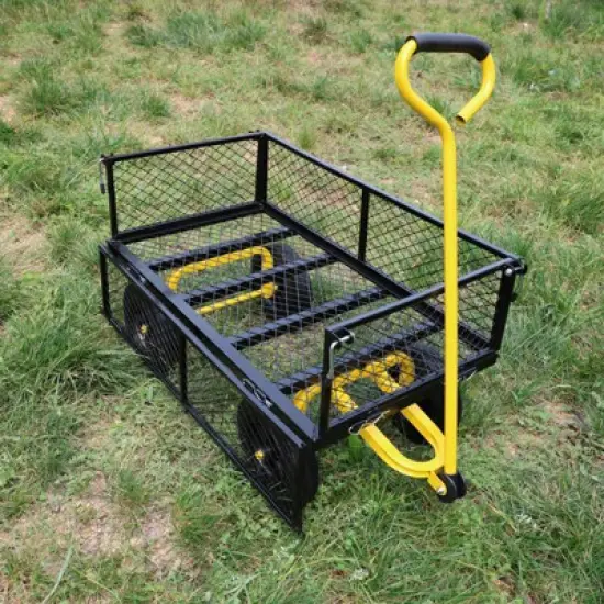 FURNIinspire Wheelbarrows And Lawn Carts Tools Cart Wagon Cart, Garden Cart Trucks With Solid Wheels And Yellow Handle, Black, 37&ldquo;*19"*40" image {1}