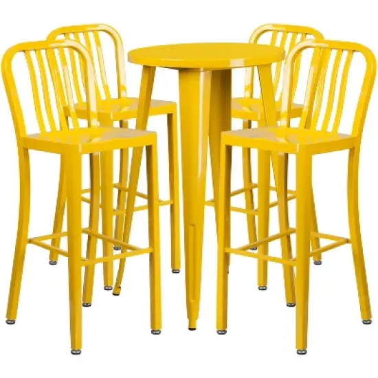 Merrick Lane Outdoor Dining Set with 24" Round Table and Slatted Back Bar Stools with Footrests image {7}