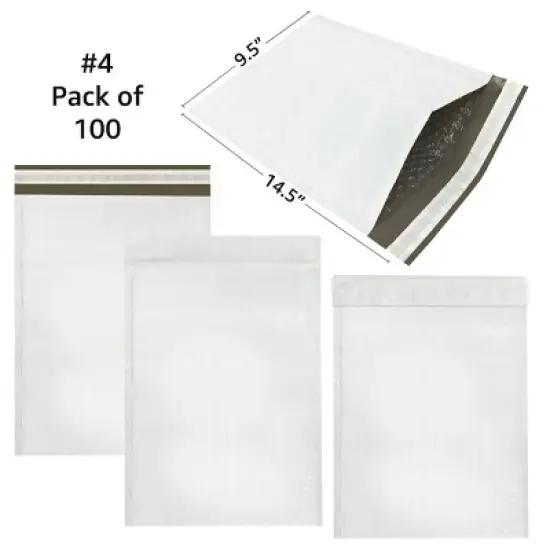 UOFFICE Pack of 100 Poly Bubble Mailer Bags 9.5" x 14.5" - #4 White Self Seal Envelopes image {1}