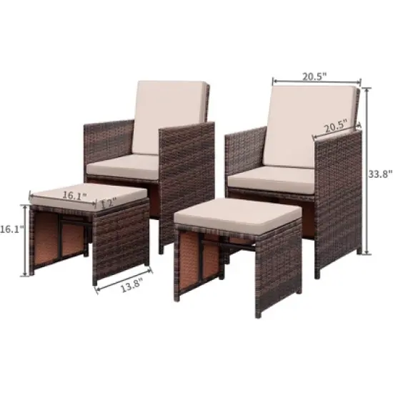 4pc Outdoor Wicker Rattan Set with Cushioned Chairs & Ottomans - Devoko
 image {6}
