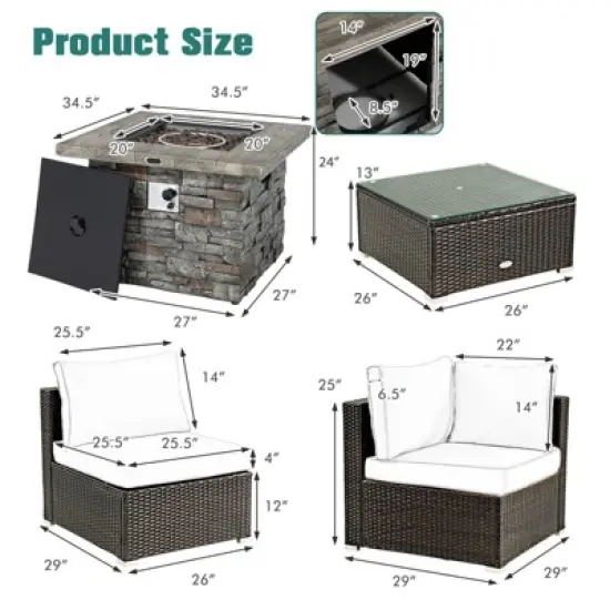 Tangkula Patio Rattan 6PCS Cushioned Sofa Set Furniture Set Thick Cushion with 34.5" Fire Pit Table for Garden Black/Blue/Red/Turquoise/Off White image {8}