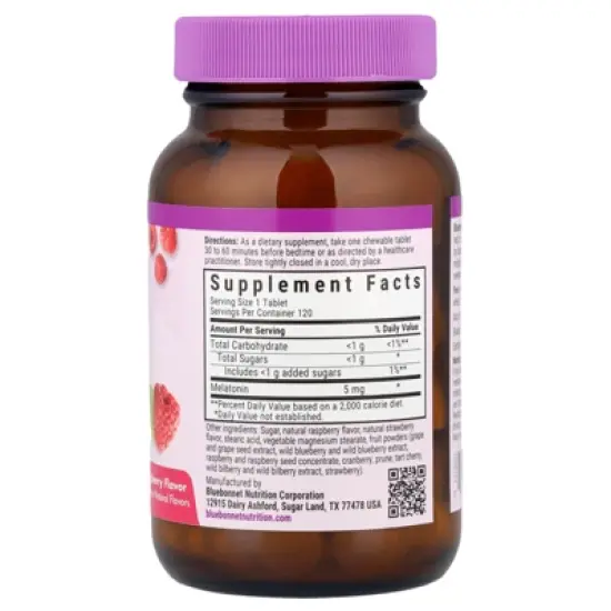 Bluebonnet Nutrition Earth Sweet&reg; Chewables, Melatonin, Raspberry, 5 mg, 120 Chewable Tablets image {1}