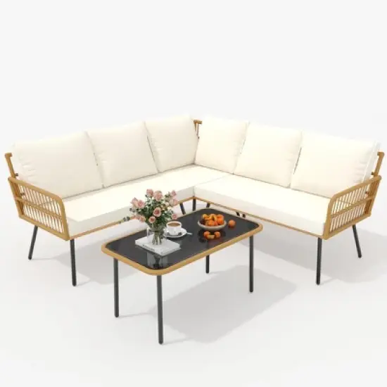 4 Pieces Patio Furniture Sets Wicker Outdoor Sectional L-Shaped with Cushions & Side Table and Chairs Set,Backyard,Porch, Beige image {4}
