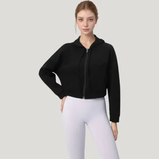 Anna-Kaci Active Women's Zip Front Cropped Hoodie with Long Sleeves and Drawstring Hood image {1}