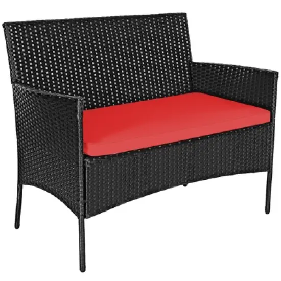 Costway 4PCS Rattan Patio Furniture Set Cushioned Sofa Chair Coffee Table Red image {8}