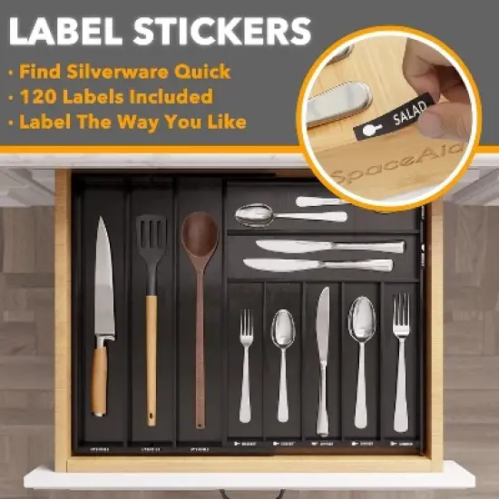 Bamboo Silverware Drawer Organizer with Labels, Expandable(Black, 10 Slots) image {4}