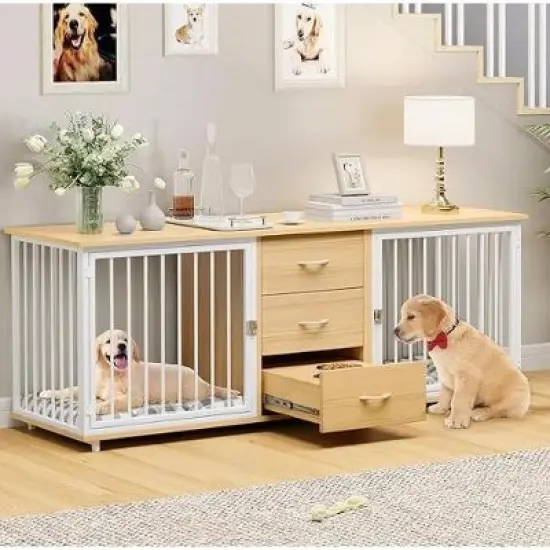 QuestaPack 74" Double Dog Crate Furniture with 2 Feeder Bowls image {8}