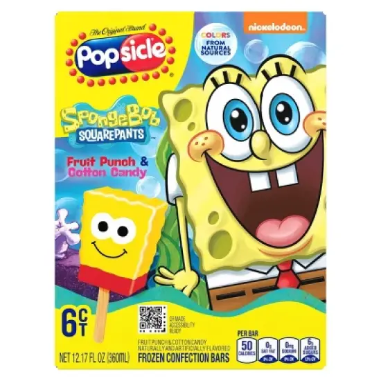 Popsicle Fruit Punch & Cotton Candy Frozen Confection Bars SpongeBob SquarePants - 6pk/12.17 fl oz image {6}
