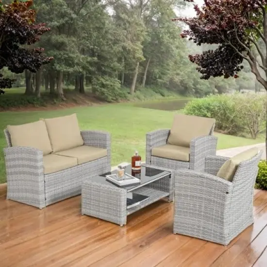 ELJGET 4 Piece Patio Furniture Set Outdoor Wicker Conversation Sets All Weather PE Rattan Sectional Sofa Set with Cushions & Coffee Table image {1}