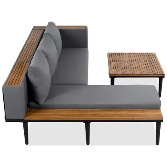 FIONECA Patio Furniture Set, L-Shaped Acacia Wood Outdoor Sectional Sofa with Side Table & Coffee Table, Removable Gray Cushions image {8}