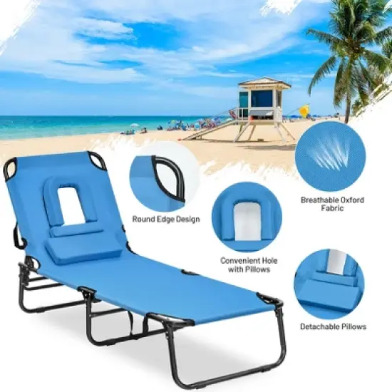Costway Beach Chaise Lounge Chair with Face Hole Pillows & 5-Position Adjustable Backrest Blue image {8}