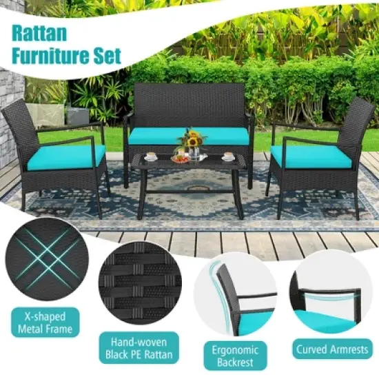 Costway 4PCS Patio Wicker Furniture Set Cushioned Chairs& Loveseat with Coffee Table Garden image {5}