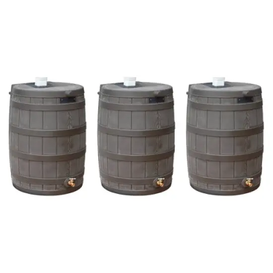 Good Ideas Rain Wizard 50 Gallon Plastic Outdoor Home Rain Barrel Water Storage Collector with Brass Spigot and Flat Back Design, Oak (3 Pack) image {6}