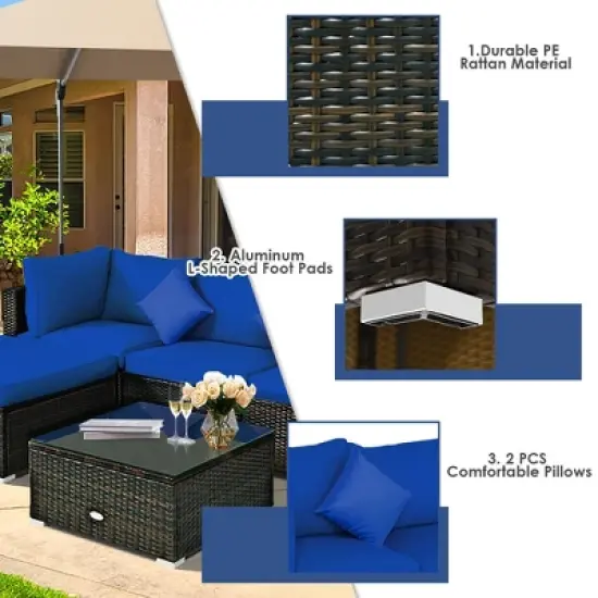 Costway 5PCS Outdoor Patio Rattan Furniture Set Sectional Conversation Turquoise\Navy\Black Cushion image {6}