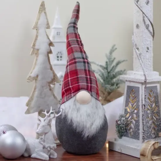 Northlight Plaid Bendable Hat Gnome Sitting Christmas Decoration - 25" - Red and Gray image {1}