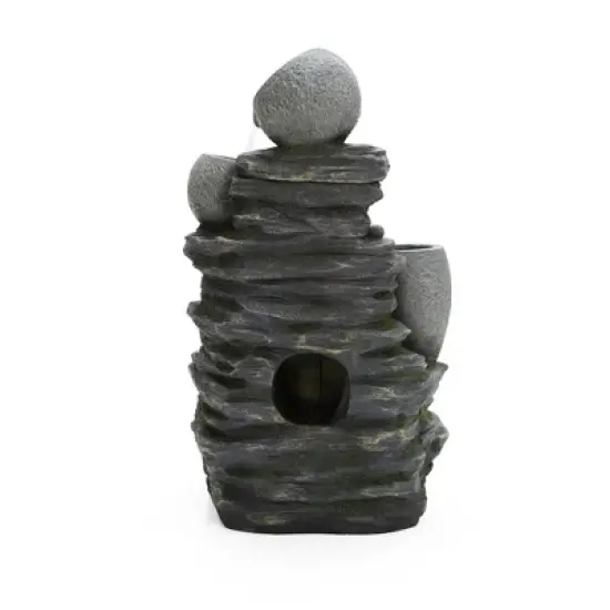 LuxenHome 30" Garden Water Fountain, 4 Tiers Cascading Pots & Rock Cascading Waterfall Fountain Outdoor with LED Lights Gray image {5}