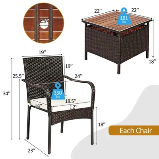 Costway 3PCS Patio Rattan Furniture Bistro Set Wood Side Table Stackable Chair image {1}