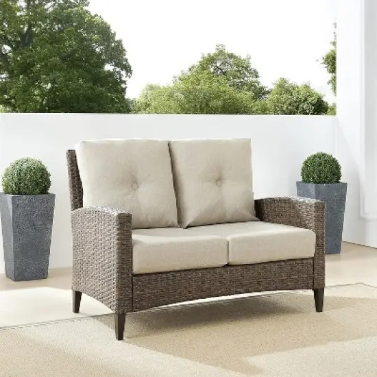 HomeStock Rockport Outdoor Wicker High Back Loveseat Oatmeal/Light Brown image {1}
