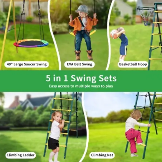 106.50"Indoor/Outdoor Metal Swing Set with Safety Belt for Backyard,Multicolor image {5}