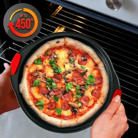 NutriChef 14.8" 4-Piece Non-Stick Perforated Pizza Tray with Silicone Handle Carbon Steel NCBPIZ1X4 image {6}