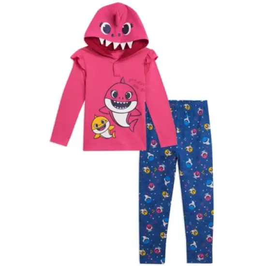 Pinkfong Mommy Shark Baby Shark Girls French Terry Pullover Hoodie Poly Hair & Felt Teeth Fin on hat Costume and Leggings Outfit Set Toddler image {7}