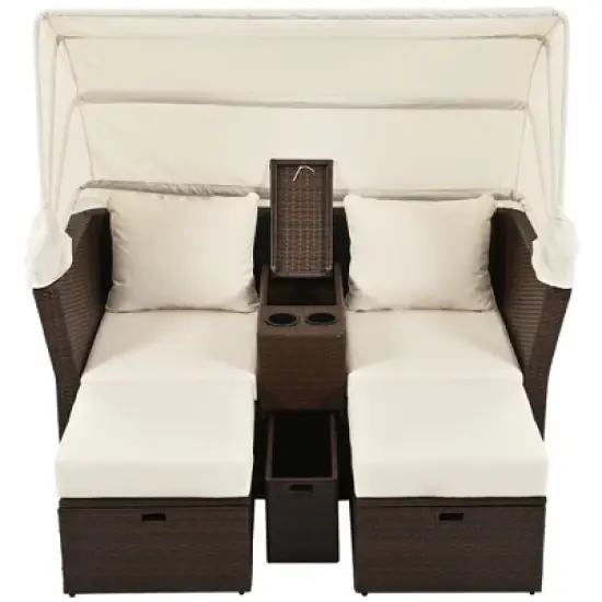 Oris PE Rattan Outdoor Patio Double Daybed, 2-Seater Loveseat Sofa with Foldable Canopy and Cushions, Tanning Near Me - Maison Boucle image {1}