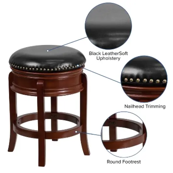Flash Furniture 24'' High Backless Wood Counter Height Stool with Carved Apron and LeatherSoftSoft Swivel Seat image {2}
