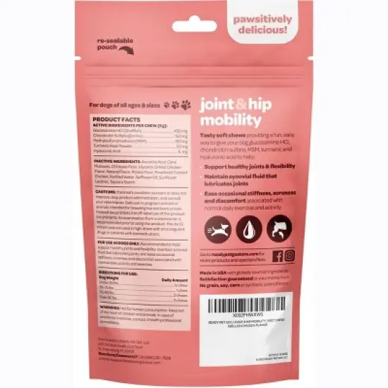 Ready Pet Go Joint & Hip Mobility Chews for Dogs, With Glucosamine Chondroitin MSM, Turmeric & Hyaluronic Acid, Grilled Chicken Flavor, 60 or 90ct image {2}