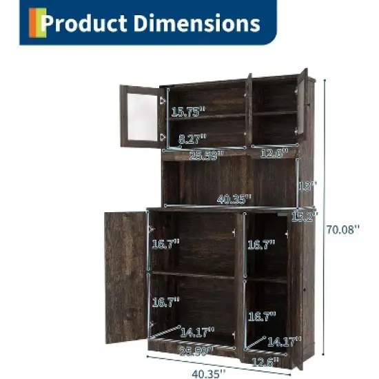 coucheta Farmhouse Pantry Cabinet with Charging Station, Freestanding Kitchen Coffee Bar Cabinet for Kitchen, with Acrylic Doors and Adjustable Shelf image {2}