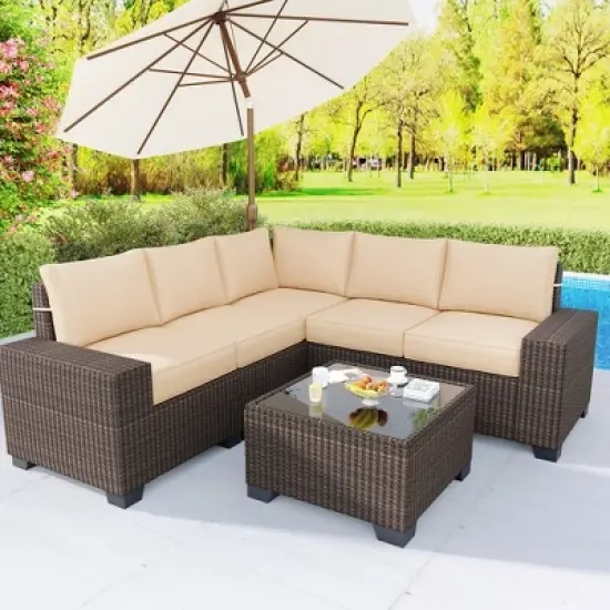 6 Pieces Outdoor Patio Furniture Set, Wicker Patio Conversation Set Sectional Sofa, Brown Patio Sofa with 5 Navy Blue Cushions and 1 Coffee Table image {6}