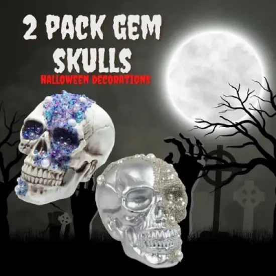 Halloween Pirate Treasure 8" Skulls (2pk) -8" Human Heads with Gem Studded Rhinestones - Indoor Home Decorations, Skeleton Prop Sculptures- Fall Party image {2}