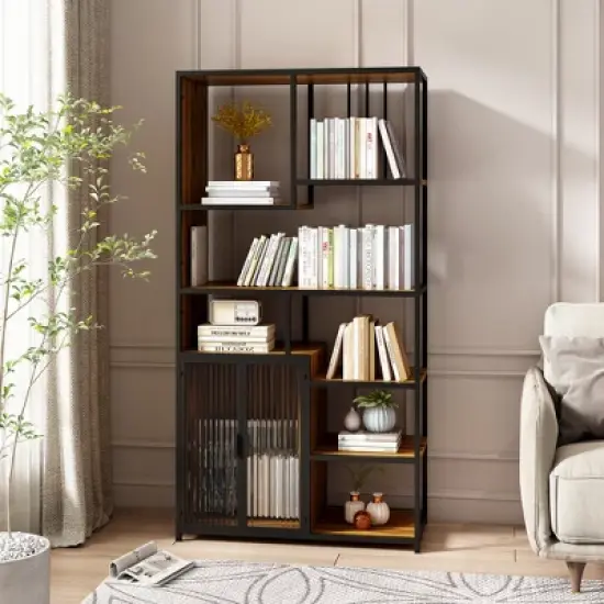 Multipurpose Bookshelf Storage Rack with Closed Storage Cabinets, Black + Brown - ModernLuxe image {1}