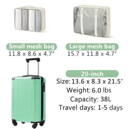 Luupatchy 20 Inches Hardshell Carry-On Luggage,With 2 Packing Cubes, Green image {5}