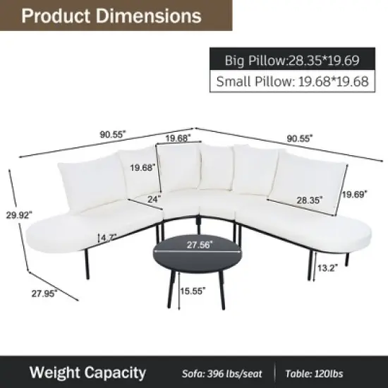 FIONECA Half-Moon Outdoor Sofa Set with Coffee Table, All-Weather Iron Frame & Cushions, Beige Patio Conversation Set for 6 image {5}