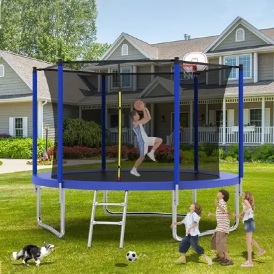 ELJGET 10/14 FT Trampoline for Kids and Adults with Safety Net, Outdoor Backyards Large Recreational Trampolines with Basketball Hoop & Ladder image {8}