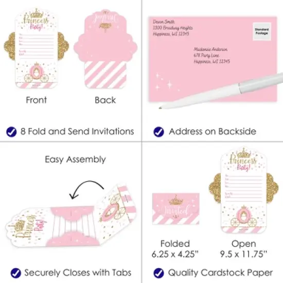 Big Dot of Happiness Little Princess Crown - Fill-In Cards - Pink and Gold Princess Baby Shower or Birthday Party Fold and Send Invitations - Set of 8 image {2}