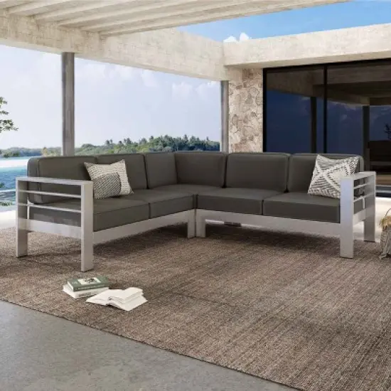 Outdoor L-Shaped Sectional Sofa, Modern Slatted Design 4-Seater Sofa, Sectional Sofa with Aluminum Frame and Polyester Cushion-Coolbibila image {8}