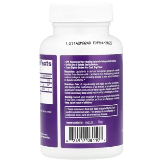 AOR, Lactoferrin - 250, Lactose Free Natural Supplement to Support Iron Absorption and Immune Modulation, 60 Servings (60 Capsules) image {2}