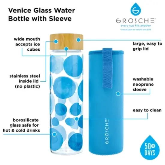 GROSCHE VENICE Eco-Friendly Glass Water Bottle with Bamboo Lid & Protective Sleeve  image {2}