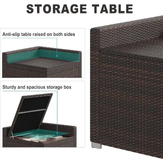 8 Pieces Outdoor Patio Furniture Set, Wicker Rattan Sectional with 4" Cushions, Glass Table & Hidden Storage Box, Brown image {7}