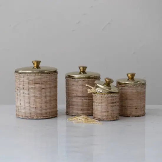 Storied Home Rattan Wrapped Stainless Steel Canisters, Set of 4, Brass Finish image {3}