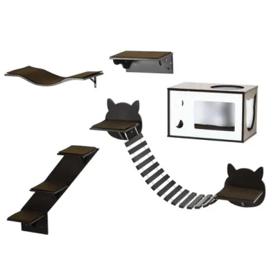 PawHut Unique Cat Tree Made From Cat Shelves with Cozy Cat House, Bridge, & More, Wall-Mounted Cat Tree Climbing Playground, Modern Cat Tree image {3}