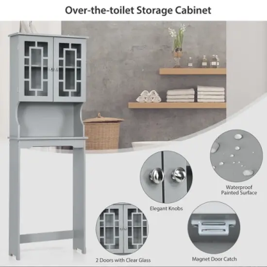 Costway Over the Toilet Bathroom Spacesaver Organizer w/ Adjustable Shelf & Doors Grey image {7}