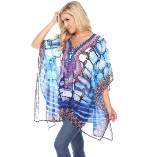 Women's Animal Print Caftan with Tie-up Neckline - One Size Fits Most - White Mark image {6}