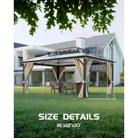 12'x16' Hardtop Gazebo, Outdoor Polycarbonate Double Roof Canopy, Aluminum Frame Pergola with Curtains and Netting for Garden, Patio, Lawns, Khaki image {4}