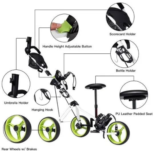 Costway Foldable 3 Wheel Push Pull Golf Club Cart Trolley w/Seat Scoreboard Bag Swivel image {6}