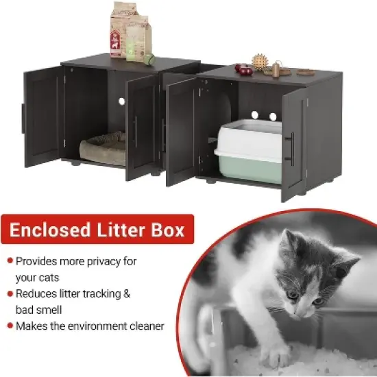 Double Cage Cat Litter Box Enclosure Furniture &ndash; Hidden Wooden Enclosed House for 2 Cats, 55" L x 17.7" W x 22.5" H &ndash; Discreet Odor-Control Design image {4}