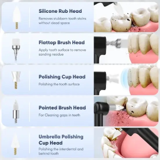 YEVYO 4 Mode Tooth Polisher - 5 Replaceable 360&deg; Dental Polishing Heads with LED?Lighted Cleaning Tool, IPX6 Waterproof Teeth Polishing Kit - Black image {2}